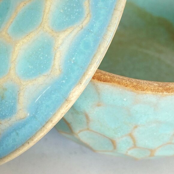 Vintage Celadon Blue Green Honeycomb Glazed Covered Bowl Lid Trinket Box 3.2" - Picture 3 of 11